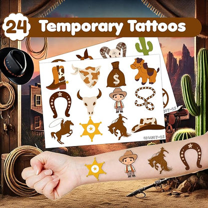 48PCS Cowboy Party Favors - 24PCS Temporary Tattoos & 24PCS Slap Bracelets - Cool Western Rodeo Themed Birthday Supplies, Decorations, Gifts, Classroom Prizes for Kids, Boys & Girls