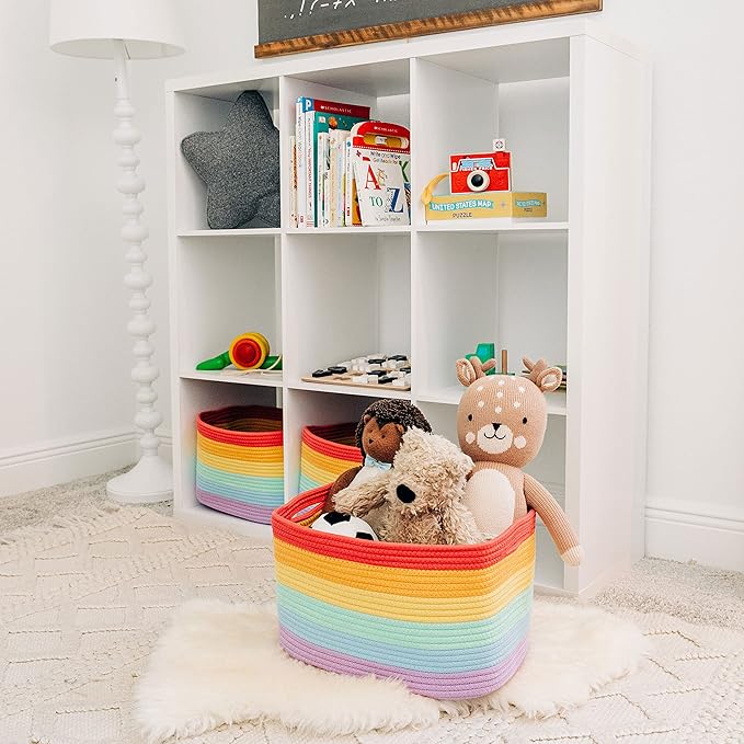OrganiHaus Set of 3 Rainbow Baskets - Colorful Woven Storage Baskets for Playroom, Nursery & Classroom Decor, Toy Storage, 15x9x10