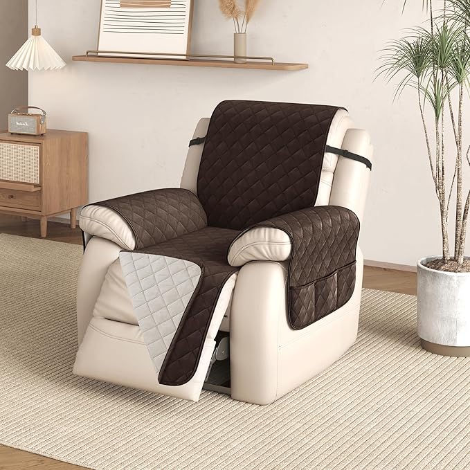 CHUN YI Recliner Chair Cover, Non-Slip Recliner Covers That Stay in Place, Washable Lazy Boy Recliner Covers with Pockets, Water Resistant Recliner Slipcover for Pets (Coffee, Small Recliner)