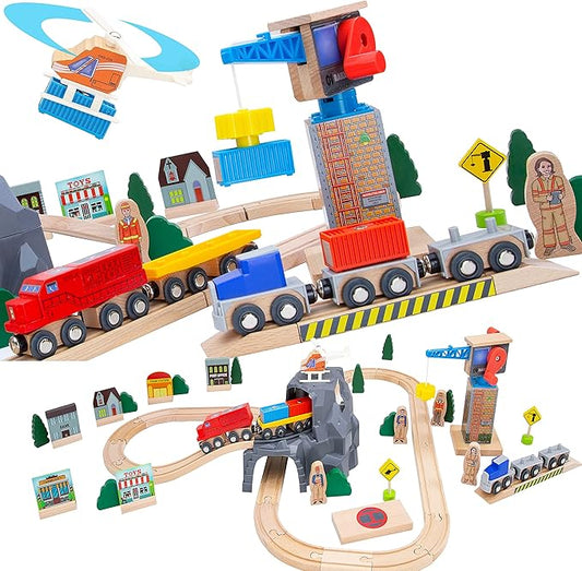 ORBRIUM Lift and Load Wooden Train Set with Magnetic Crane, Magnetic Helicopter, Large Diesel Engine, Semi-Truck, Shipping Container Flat Car Compatible with Thomas, Brio, Chuggington, Melissa & Doug