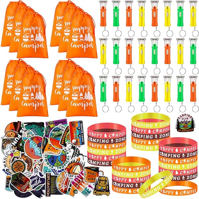 Camping Party Favors Camp Party Gifts Include Camping Themed Silicone Bracelet Mini Flashlight Keychain Assorted Camping Sticker and Gifts Drawstring Bags Camping Party Supplies for Kids (220 Pieces)