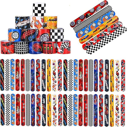60pcs Hot Car Party Favors for Kids Bulk Slap Bracelets with Race Cars Theme Snap Bracelet for Kids, Goodie Bags Stuffers for Birthday Party, Treasure Box Toys for Classroom Prizes