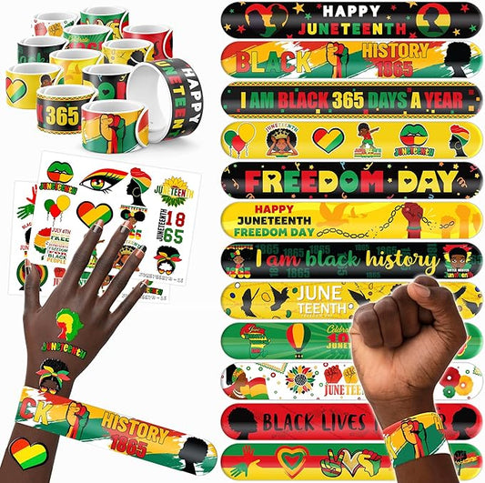 48 PCS Happy Juneteenth African Party Favors 24PCS Tattoos Stickers 24PCS Slap Bracelets Wristbands Perfect for Themed Birthday Baby Showers or Classroom Rewards Ideal Decor and Gifts for Adults