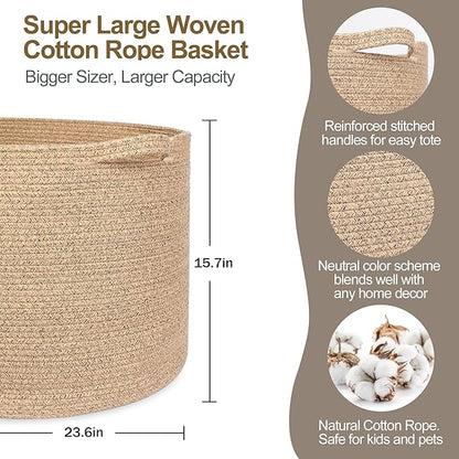 MEGASKET 115L Wicker Storage Basket, 23.6"x15.7" Woven Cotton Rope Basket, Giant Kids Dog Toy Bin Organizer, XXXL Blanket Pillow Holder for Living Room, Brown Variegated Wicker Baskets for Organizing