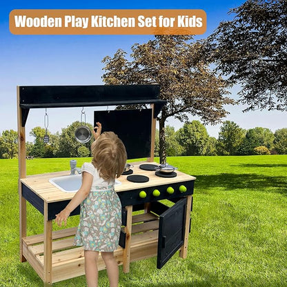 Mud Kitchen Playset for, Outdoor Wooden Toy Play Kitchen Set for Boys and Girls, Kitchen Accessories and Garden Sink with Faucet, Blackboard, Cookware Pot (Blue)