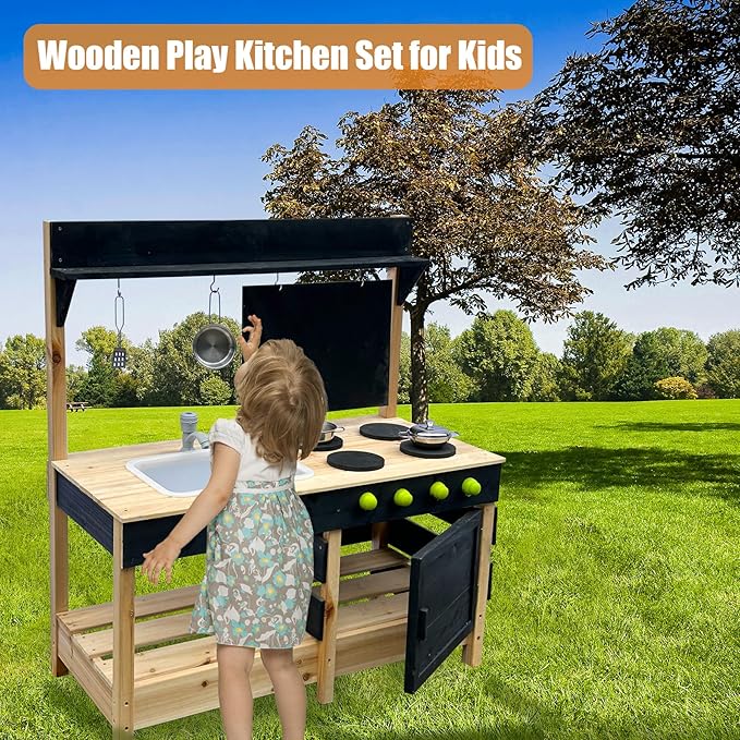 Mud Kitchen Playset for, Outdoor Wooden Toy Play Kitchen Set for Boys and Girls, Kitchen Accessories and Garden Sink with Faucet, Blackboard, Cookware Pot (Black)