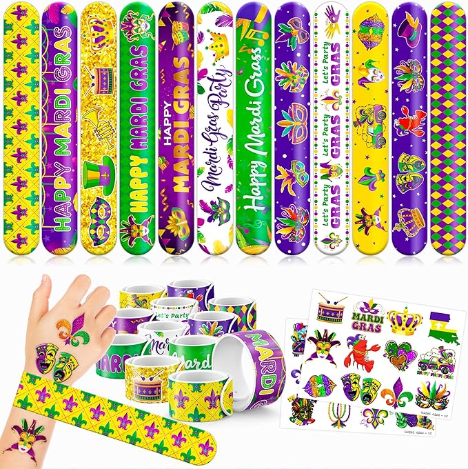 48 Mardi Gras 24PCS Mardi Gras Temporary Tattoos Sticker 24PCS Slap Bracelets Perfect for Themed Birthday Party Favors Baby Showers or Classroom Rewards Ideal Decor and Gifts for Girls and Boys