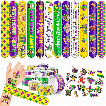 48 Mardi Gras 24PCS Mardi Gras Temporary Tattoos Sticker 24PCS Slap Bracelets Perfect for Themed Birthday Party Favors Baby Showers or Classroom Rewards Ideal Decor and Gifts for Girls and Boys