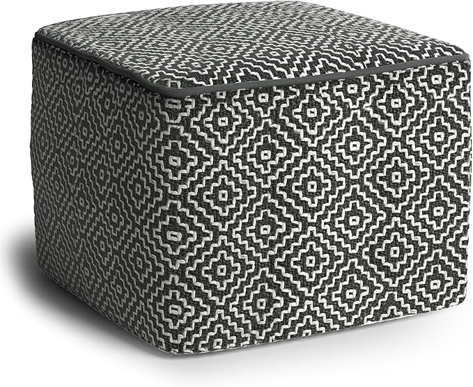 SIMPLIHOME Briella 18 Inch Boho Square Woven Outdoor/ Indoor Pouf in Grey and White Recycled PET Polyester, For the Living Room, Bedroom and Kids Room