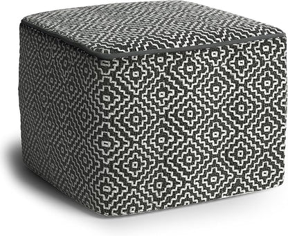SIMPLIHOME Briella 18 Inch Boho Square Woven Outdoor/ Indoor Pouf in Grey and White Recycled PET Polyester, For the Living Room, Bedroom and Kids Room