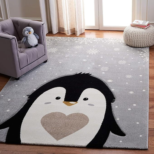 SAFAVIEH Carousel Kids Collection Area Rug - 4' Square, Light Grey & Black, Non-Shedding & Easy Care, Ideal for High Traffic Areas for Boys & Girls in Playroom, Nursery, Bedroom (CRK132F)
