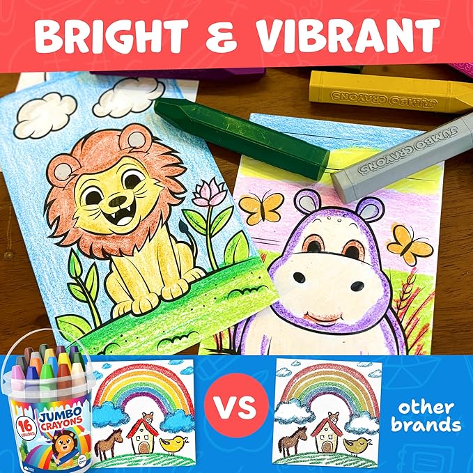 Jumbo Jumbo Crayons For Kids, Ages 1-8 - 16pc, Large, Non-Toxic Washable With Printed & PDF Color Sheets