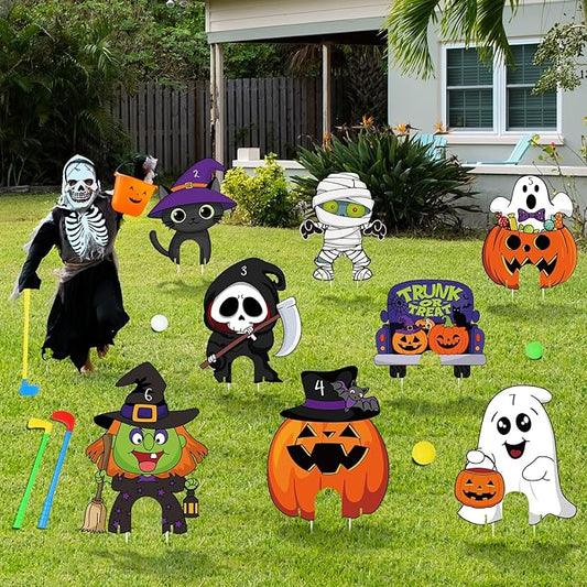 8Pcs Halloween Mini Golf Game Set, Halloween Yard Sign Games for Kids Party, Mini Golf Toy Game Include Clubs Balls Yard Sign Holes for Halloween Party Teens Golf Yard Lawn Indoor Outdoor Decorations