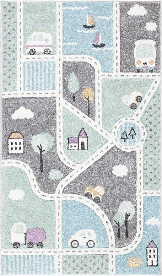 SAFAVIEH Carousel Kids Collection Accent Rug - 2' x 3', Grey & Light Blue, Non-Shedding & Easy Care, Ideal for High Traffic Areas for Boys & Girls in Playroom, Nursery, Bedroom (CRK193F)