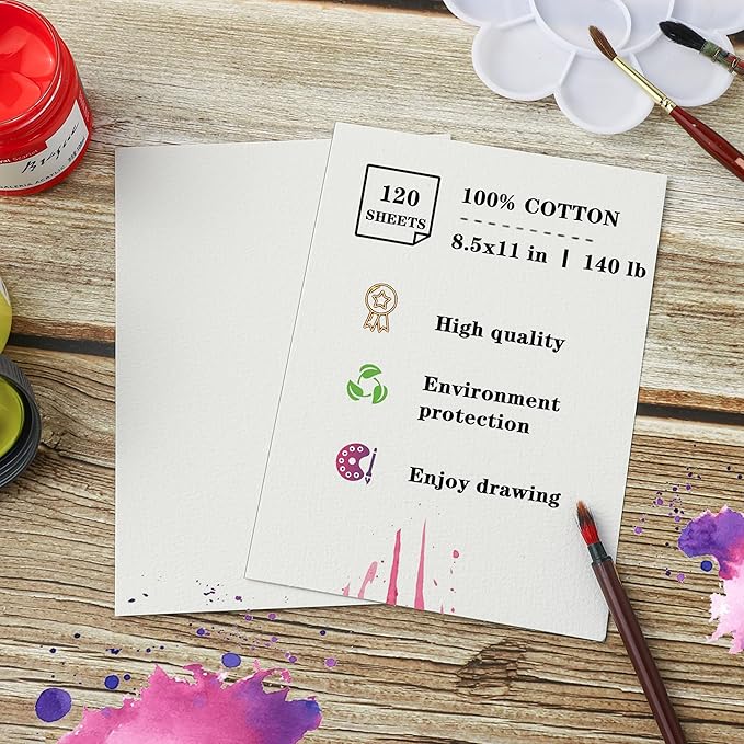 Silunkia 120 Sheets 100% Cotton Watercolor Paper Bulk 8.5 x 11 Painting Paper, 140lb/300gsm Heavyweight Cold Pressed Paper Off White Paper for Kids Students Adults Artists Drawing Valentine Gift Cards