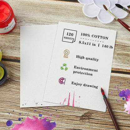 Silunkia 120 Sheets 100% Cotton Watercolor Paper Bulk 8.5 x 11 Painting Paper, 140lb/300gsm Heavyweight Cold Pressed Paper Off White Paper for Kids Students Adults Artists Drawing Valentine Gift Cards