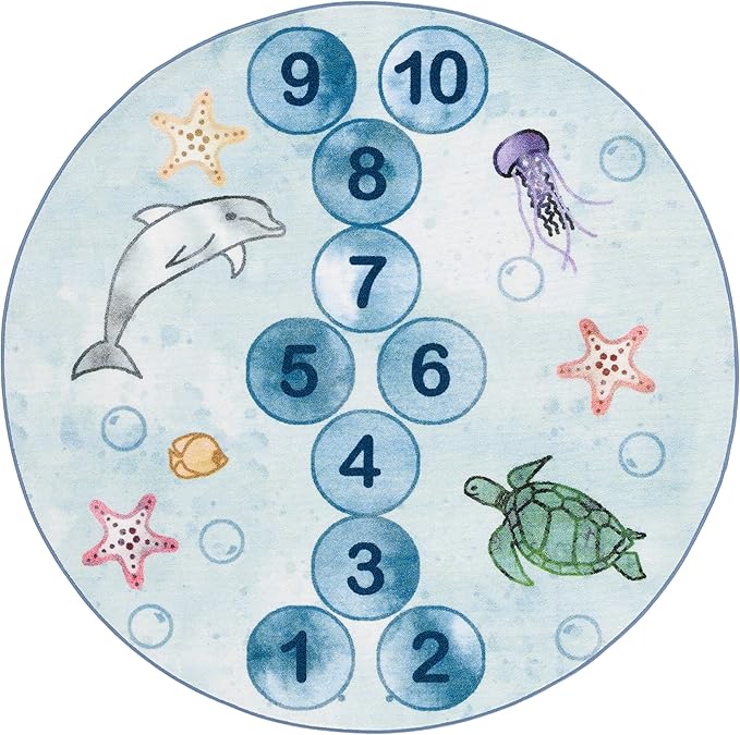 SAFAVIEH Kids Playhouse Collection Area Rug - 5' Round, Blue & Grey, Non-Shedding Machine Washable & Slip Resistant Ideal for High Traffic Areas for Boys & Girls in Playroom, Nursery (KPH217M)