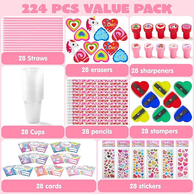 JOYIN 28 Packs Valentine's Day Stationery with Cup and Card, Exchange Gift for Kids with Pencils Stickers Erasers Stampers Sharpener, Holiday Reward Prizes