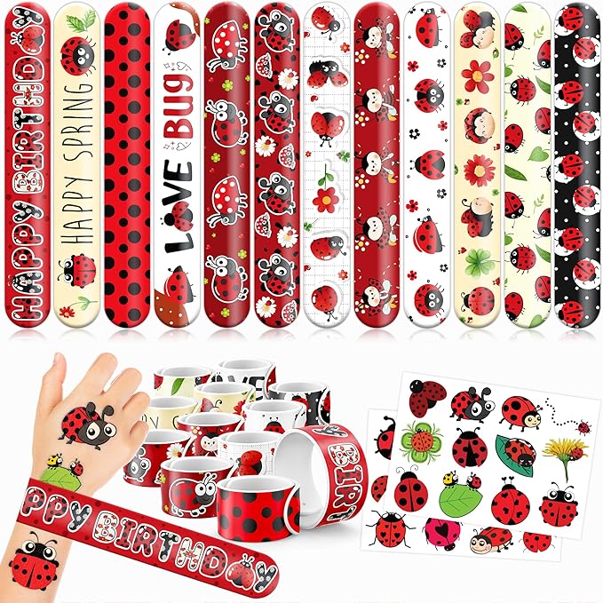 48 PCS Ladybug Party Favors 24PCS Tattoos Sticker 24PCS Slap Bracelets Wristbands Perfect for Themed Birthday Baby Showers or Classroom Rewards Ideal Decor and Gifts for Girls and Boys