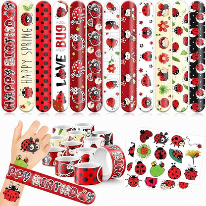 48 PCS Ladybug Party Favors 24PCS Tattoos Sticker 24PCS Slap Bracelets Wristbands Perfect for Themed Birthday Baby Showers or Classroom Rewards Ideal Decor and Gifts for Girls and Boys