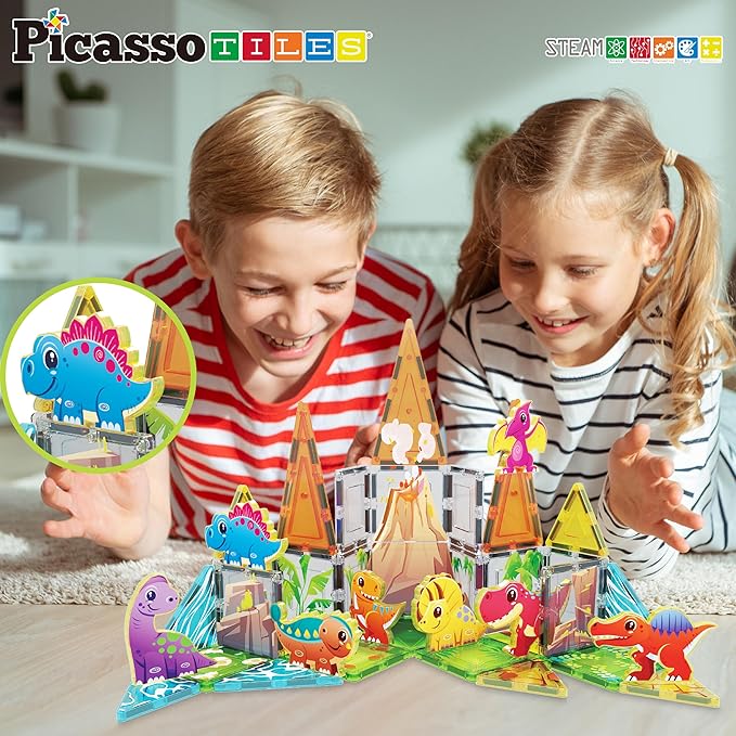 PicassoTiles Magnet Tiles Building Blocks 8 Dinosaur Magnetized Action Figures Compatible Magnetic Construction Build and Play Tile Accessory Toy STEAM Educational Learning Toys Kids Ages 3+ PTA23