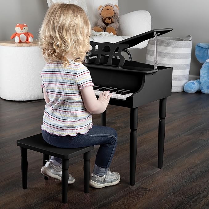 Kids Piano - 30 Key Mini Grand Piano with Music Stand, Bench, and Note Stickers - for Beginners - Instruments for Kids by Hey Play (Black)
