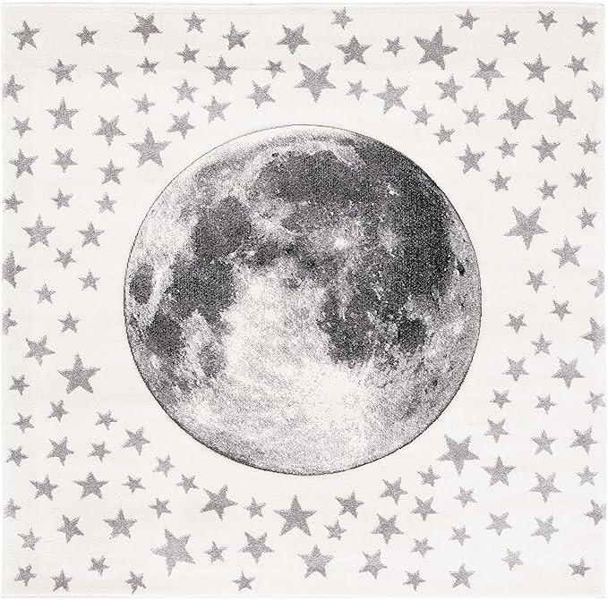SAFAVIEH Carousel Kids Collection 6'7" Square Ivory/Grey CRK135A Moon & Stars Non-Shedding Playroom Nursery Bedroom Area Rug