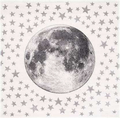 SAFAVIEH Carousel Kids Collection 6'7" Square Ivory/Grey CRK135A Moon & Stars Non-Shedding Playroom Nursery Bedroom Area Rug