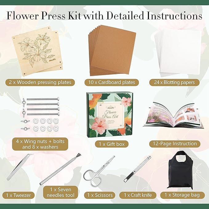 Aboofx Flower Press Kit, Craft Kits 11"x11" 10 Layers Wooden Flower Pressing Kit for Crafts Pressed Flowers & Plant Press for Spring DIY Craft Art, Preservation Kits for Bookmark Frame Flowers Drying