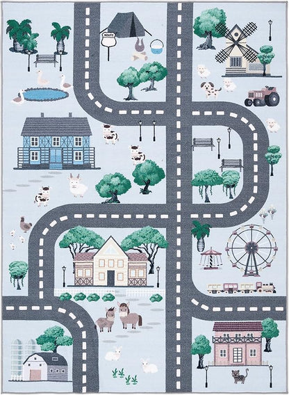 SAFAVIEH Kids Playhouse Collection Accent Rug - 4'4" x 6', Blue & Dark Grey, Non-Shedding Machine Washable & Slip Resistant Ideal for High Traffic Areas for Boys & Girls in Playroom (KPH235M)