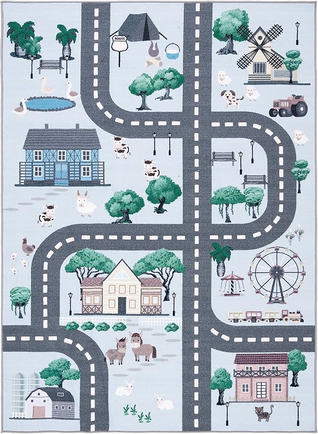 SAFAVIEH Kids Playhouse Collection Accent Rug - 3'3" x 5'3", Blue & Dark Grey, Non-Shedding Machine Washable & Slip Resistant Ideal for High Traffic Areas for Boys & Girls in Playroom (KPH235M)