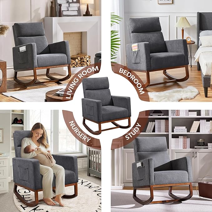 Yaheetech Rocking Chair, Upholstered Glider Chair with Side Pocket, Nursery Chair with High Backrest and Rubber Wood Legs, Rocking Accent Armchair for Living Room Bedroom Nursery, Gray