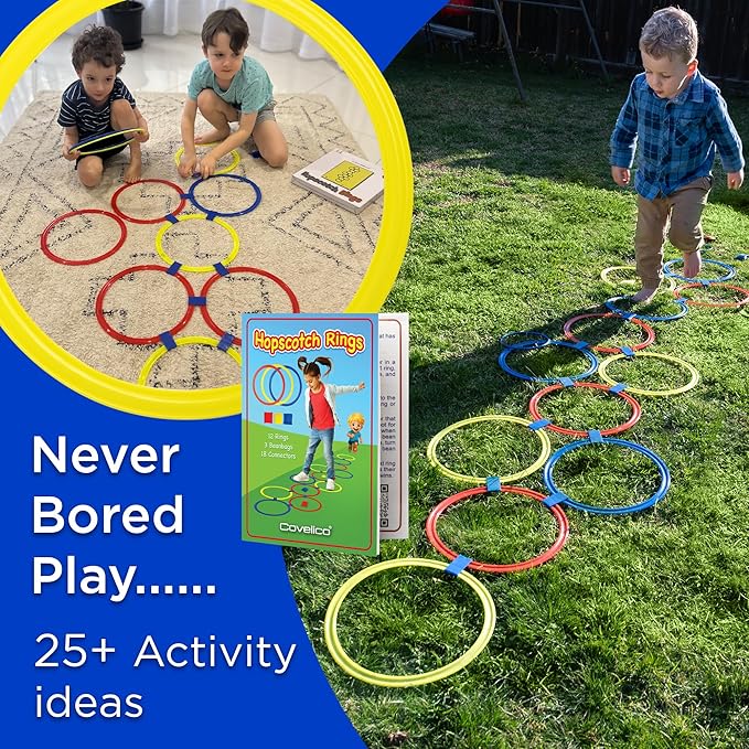 Hopscotch Rings, 12 x 11 Inch Rings & 3 Bean Bags, Play Hopscotch Outdoor & Indoor Obstacle Course for Kids 3-5, Recess Toys & Physical Education Equipment, Gross Motor Games PE Equipment