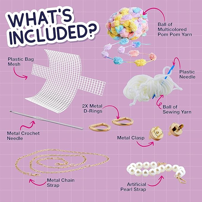 PURPLE LADYBUG Make Your Own Pom Pom Purse Kit – Arts and Crafts for Kids Ages 6-8, Girl Gift Ideas for Ages 6-10, Birthday or Easter Gifts for Girls