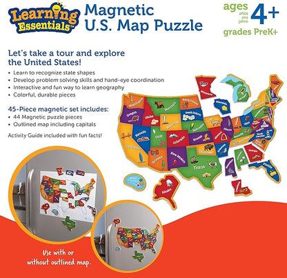 Learning Resources Magnetic US Map Puzzle - 44 Pieces, Puzzles for Kids Ages 4+, US Map for Kids Learning, Geography for Kids,Kindergartner Learning Toys