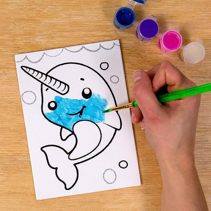 Horizon Group USA Pre-Printed Canvas & Paint Art Set, Ready to Paint 5" X 7" Canvas Panels, 12 Tempera Paints, 6 Easy-Grip Assorted Paintbrushes Included. Dog, Cat, Glitter Narwhal.