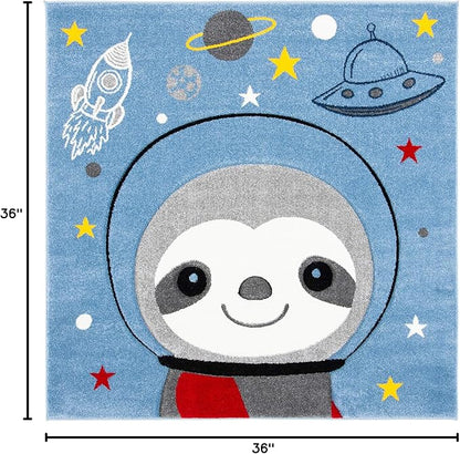 SAFAVIEH Carousel Kids Collection 3' Square Blue/Grey CRK140M Sloth Astronaut Non-Shedding Playroom Nursery Bedroom Area Rug