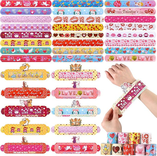 Valentines Day Gifts for Kids,24Packs Valentines Cards with Slap Bracelets Bulk,Cute Valentines Bracelet for Classroom Prizes,School Exchange Gifts Party Favors,Goodie Bags Stuffers