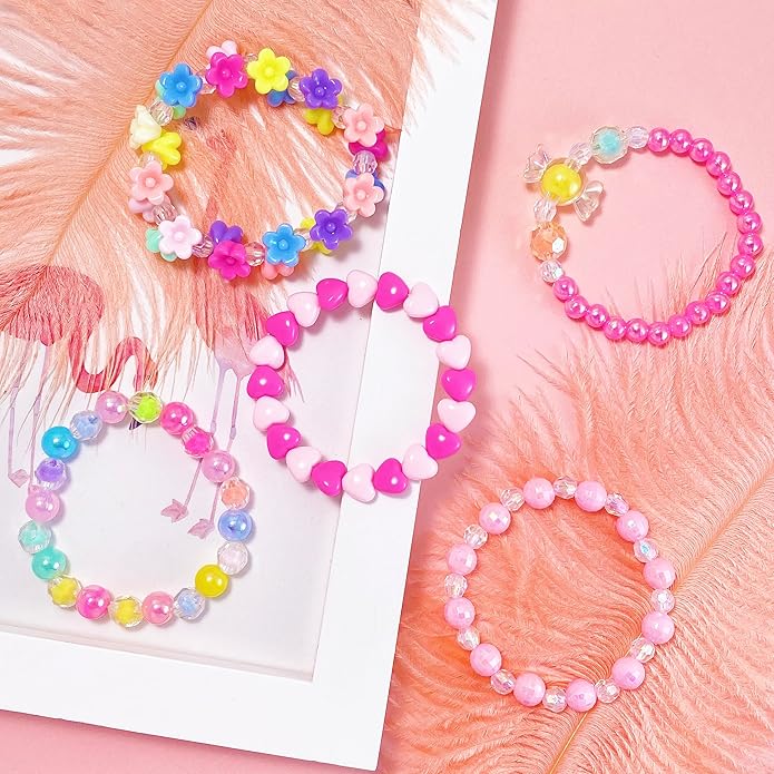 12 PCS Kids Bracelets for Girls Jewelry Little Girl Beaded Bracelets Flower Butterfly LOVE Letter Pink Princess Pretend Play Easter Christmas Birthday Gift