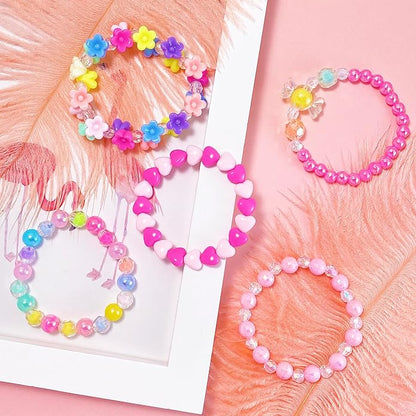12 PCS Kids Bracelets for Girls Jewelry Little Girl Beaded Bracelets Flower Butterfly LOVE Letter Pink Princess Pretend Play Easter Christmas Birthday Gift