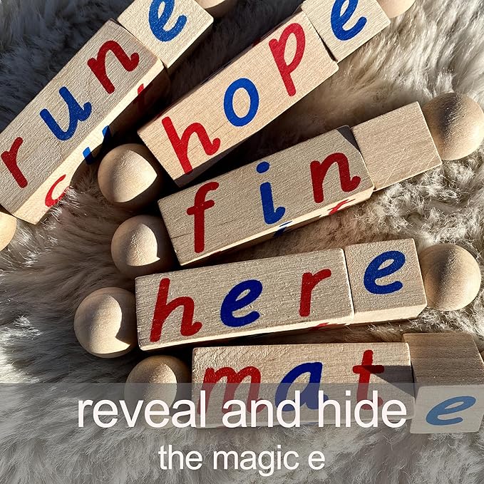 Silent E Reading Blocks - Teach Magic E to Preschoolers - Sight Word Educational Early Reader Wooden Twist Toy