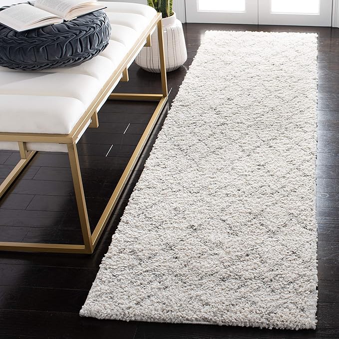 SAFAVIEH Berber Shag Collection Runner Rug - 2' x 14', Cream & Light Grey, Moroccan Design, Non-Shedding & Easy Care, 1.2-inch Thick Ideal for High Traffic Areas in Living Room, Bedroom (BER165C)