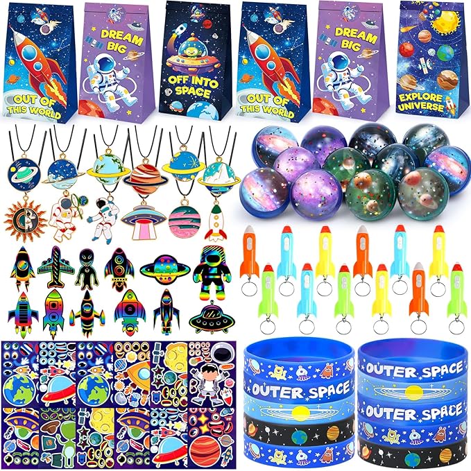84Pcs Outer Space Party Favors Astronaut Birthday Supplies Bag Bouncy Ball Scratch Paper Necklace Silicone Bracelet Diy Sticker Goodie Bag Stuffer Kids Boys Galaxy Themed Party Favors