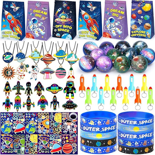 84Pcs Outer Space Party Favors Astronaut Birthday Supplies Bag Bouncy Ball Scratch Paper Necklace Silicone Bracelet Diy Sticker Goodie Bag Stuffer Kids Boys Galaxy Themed Party Favors