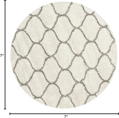 SAFAVIEH Hudson Shag Collection 7' Round Ivory/Grey SGH280A Moroccan Ogee Trellis Non-Shedding Living Room Bedroom Dining Room Entryway Plush 2-inch Thick Area Rug