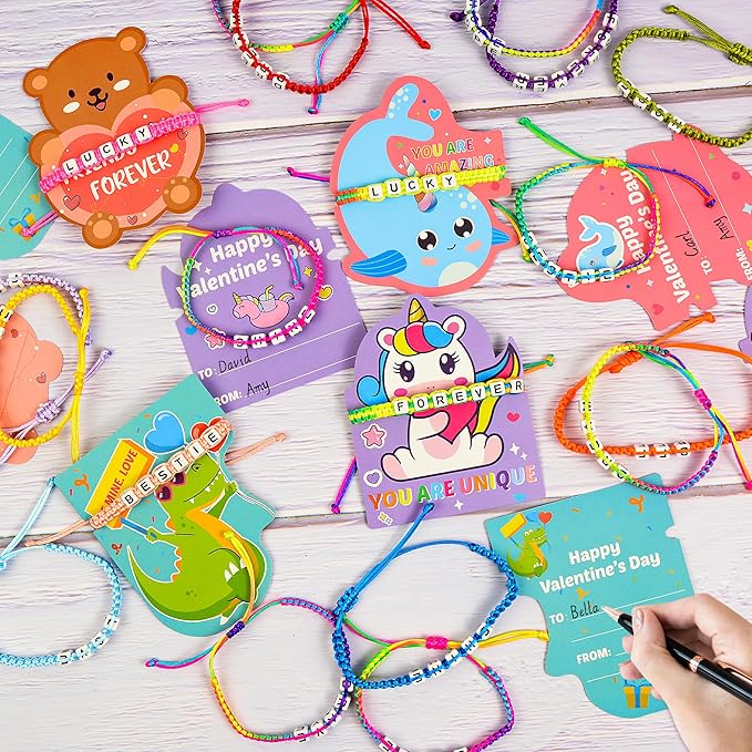 Valentines Day Cards for Kids School with Bracelets 24 Pack, Valentines Day Gifts for Kids Classroom with Friendship Bead Bracelets, Exchange Gift Valentine Party Favors for Kids Girls Boys