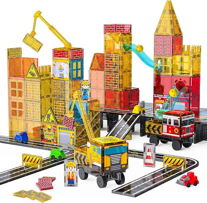 SKTMYY Magnetic Tiles Construction Toys with Road & Crane & Marble Run, Double-Sided Fire Station & Building Magnet Tiles for Kids Ages 4-8, STEM Magnetic Blocks Gifts for 3 4 5 6 7 8 Year Old Boys