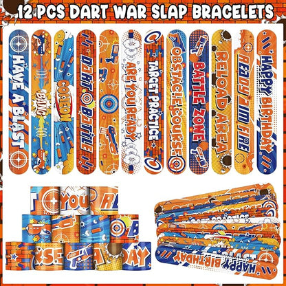 Erweicet Dart Battle Party Favors 72 PCS Gun Slap Bracelets DIY Stickers Temporary Tattoos Keychains Plastic Straws Gift Bags for Kids Boys Birthday Baby Shower Goodie Bag Fillers, Blue,Orange,White