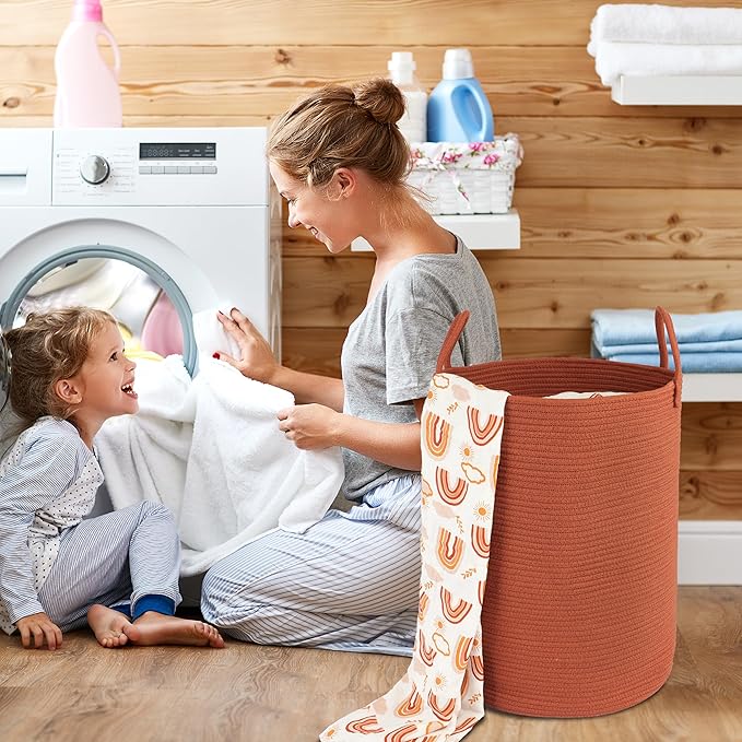XUANGUO Cotton Rope Laundry Basket Hamper for Clothes Woven Storage Basket for Living Room Bedroom Boho Tall Rope Baskets for Blanket Toys Pillow Towels Baby Nursery Hamper Bin Large rustic