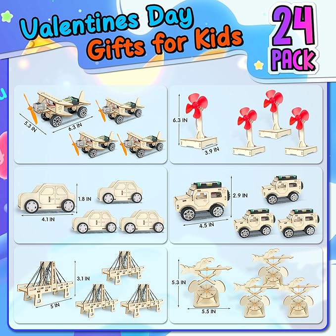 LINAYE Valentines Cards for Kids Classroom with Stem Kits, 24 Packs Valentines Day Gifts for Kids Class, Valentines Day Exchange Gifts for Boys Classroom Class, Valentines Party Favors for Kids Classroom School